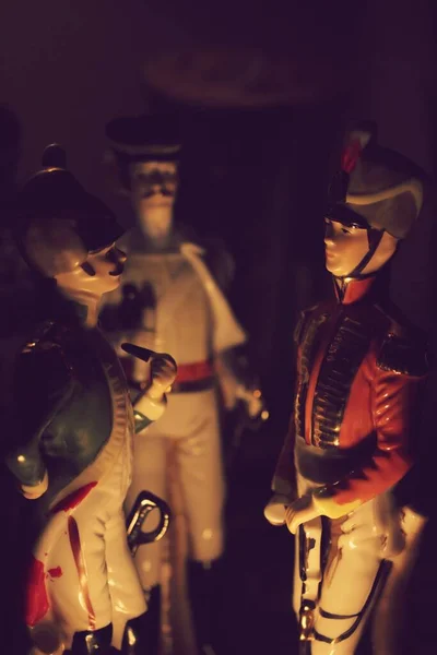 Porcelain Figurine Soldiers Acting Were Talking Night Camp Fire — Stock Photo, Image