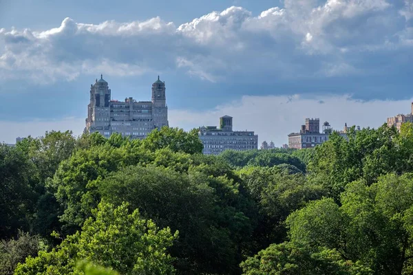 在公园茂密的绿树后面俯瞰纽约市建筑的航景 — 图库照片