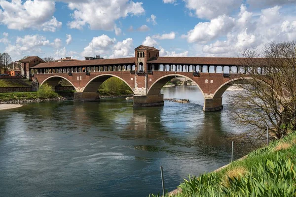 Ponte Coperto Covered Bridge Pavia Brick Arch Bridge Ticino River — Φωτογραφία Αρχείου