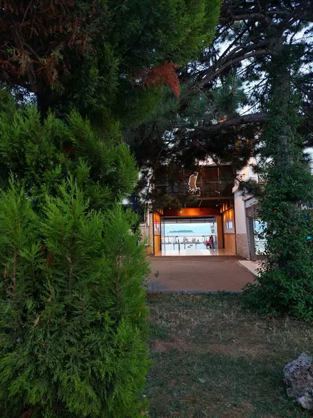 Una Vista Verticale Dal Parco Sul Passaggio Attraverso Edificio Con — Foto Stock