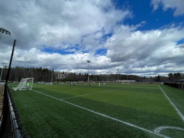 View Soccer Field Blue Cloudy Sky — Stock Photo, Image