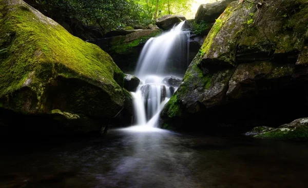 森の中の苔で覆われた岩の滝の長い露出ショット — ストック写真