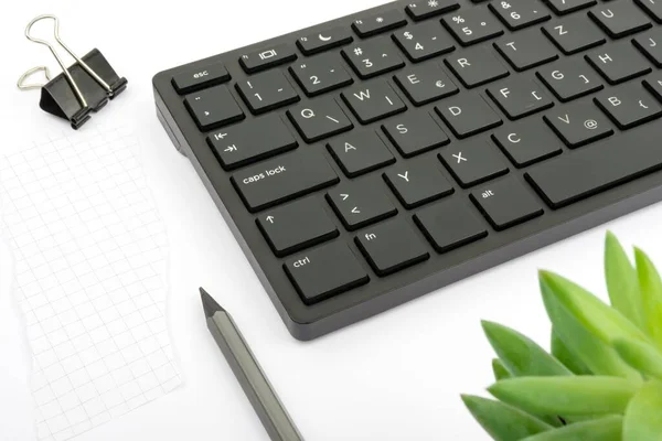 Part Black Computer Keyboard Paperclip Pen Pencils Isolated White Background — Stock Photo, Image