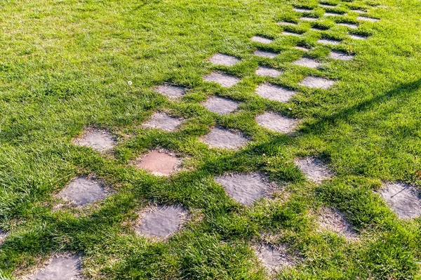 Güneşli Bir Günde Çimlerle Kaplı Parkta Taş Bir Patika — Stok fotoğraf