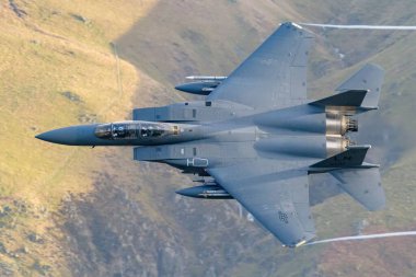 F-15E Strike Eagle savaş uçağının üst görüntüsü.