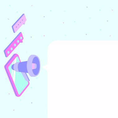 Bir tablet çizimi, duyuru yapan bir megafon ve sohbet kutusu.