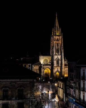 Oviedo 'lu San Salvador Metropolitan Katedrali' nin dikey görüntüsü. İspanya