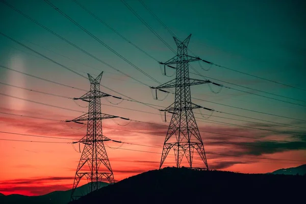 Una Hermosa Toma Líneas Eléctricas Atardecer — Foto de Stock