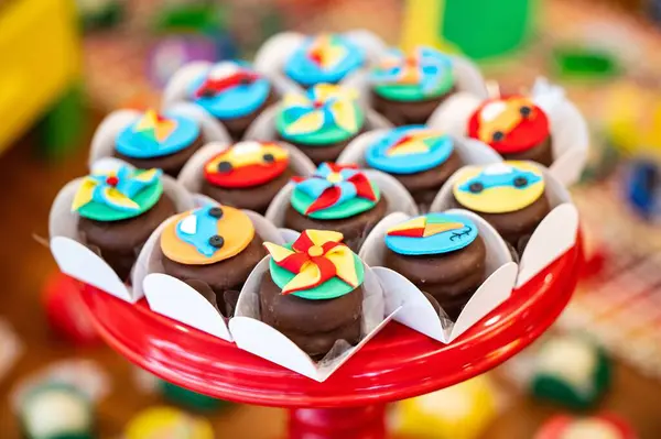 Setup Child Birthday Party Table Sweets — Stock Photo, Image