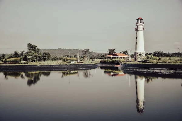 Beautiful View Lighthouse Its Reflection Lake Sunny Day — Stock Photo, Image