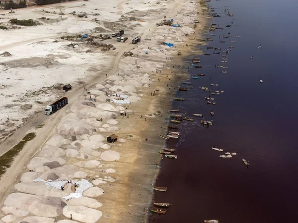 Aerial Picture Salt Extraction Pink Lake Retba Lake Dakar Senegal — Stock Photo, Image