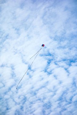 Mavi gökyüzünde bir uçurtmanın dikey alçak açısı