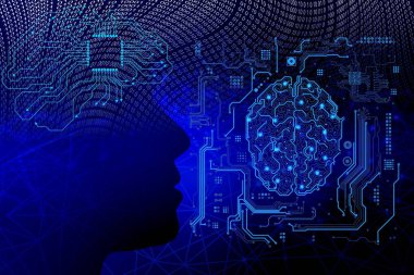 İnsan yüzü silueti ve dijital beyin devresi - teknoloji konsepti