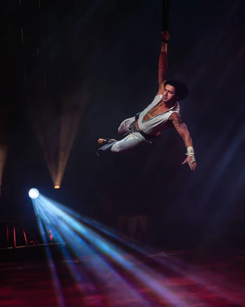 Jeune Artiste Cirque Produisant Avec Des Sangles Aériennes Cirque Vargas — Photo