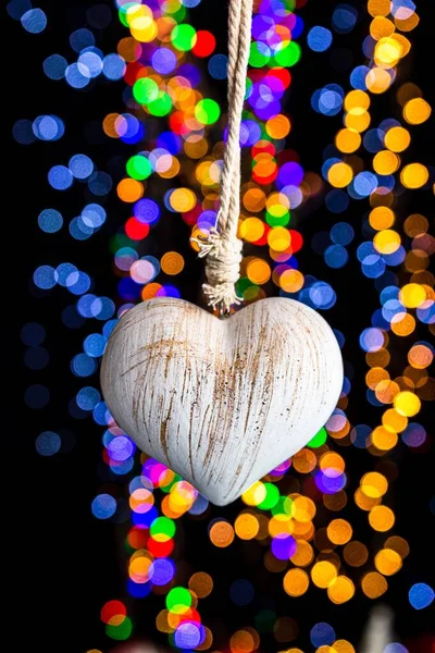Vertical Close Heart Shaped Christmas Decoration Bokeh Lights Background — Stock Photo, Image