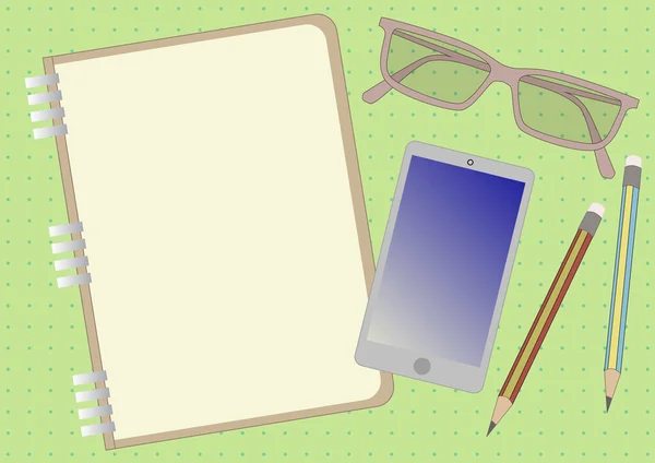 Flat Lay Notebook Mobile Phone Eyeglasses Pencils Green Table — Stock Photo, Image