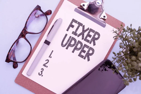 Colorful Illustration Glasses Smartphone Pen Paper Holder Fixer Upper Text — Stock Photo, Image