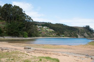 İspanya, Astur 'daki El Puntal plajından manzara. Arka planda ormanlarla çevrili bir tepedeki evler..