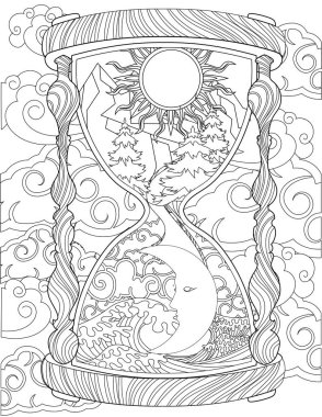 Güneş ve Ay 'ı gösteren bir kum saati Bulutlarla çevrili