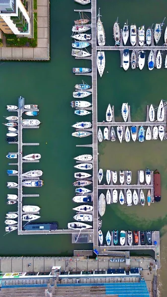 Vertical Aerial Shot Moored Boats Port — Stock Photo, Image