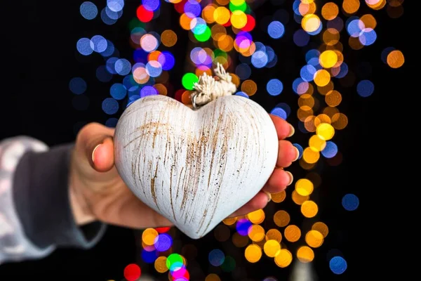 Hanging Christmas Heart Decoration Bokeh Lights Background — Stock Photo, Image