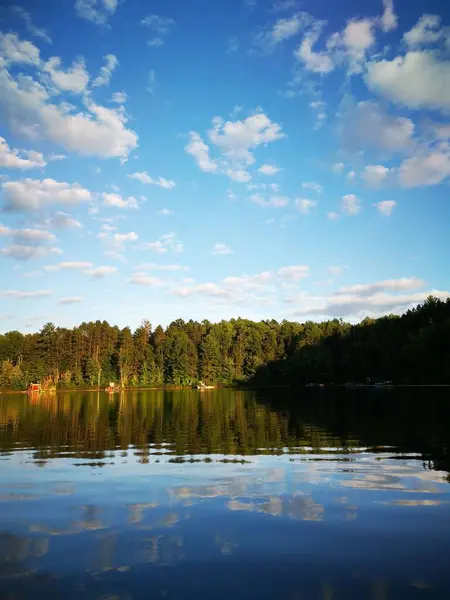 Вертикальний Знімок Приголомшливого Озерного Пейзажу Фоном Дерев Під Блакитним Небом — стокове фото