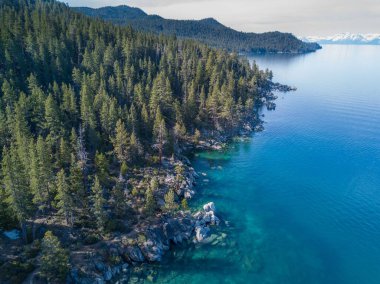 Güney Tahoe Gölü 'nün yukarısındaki ormanın güzel yüksek açılı manzarası.