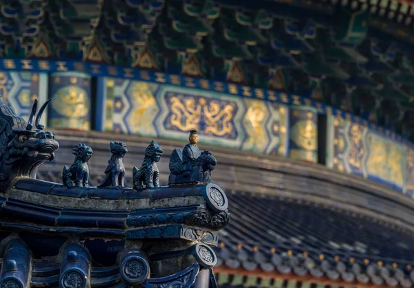 Canto Telhado Templo Céu Com Série Estátuas Cerâmica Azul Pequim — Fotografia de Stock