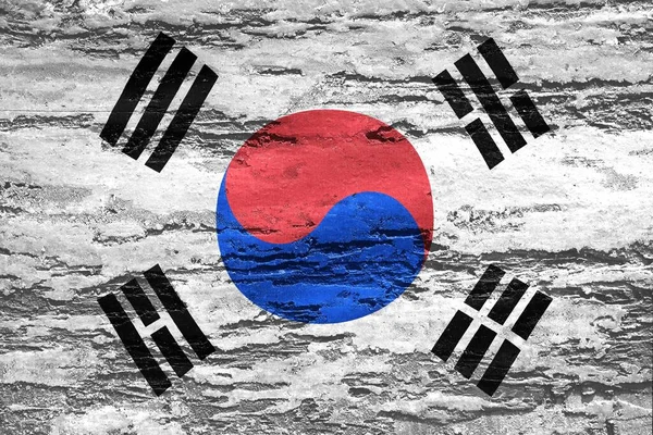 一面印有韩国国旗的纹理切碎木背景 — 图库照片