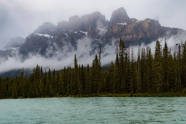 Malebný Pohled Hrad Mlze Stromy Bow River Popředí — Stock fotografie