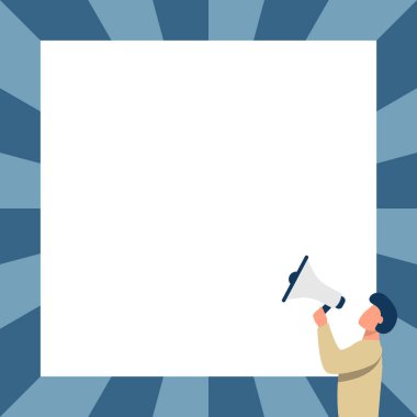 Fotokopi alanı olan bir adamın megafona konuşması. Duyuru, sunum, reklam kavramı.