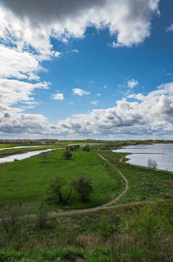Mavi bulutlu gökyüzünün altında küçük sakin bir gölün dikey görüntüsü.