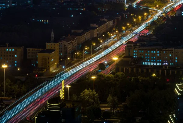 Aerial View City Illuminated Night Long Exposure — Stock Photo, Image