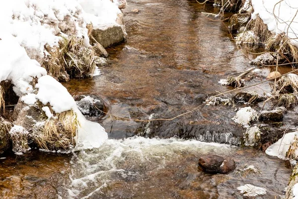 Primer Plano Río Rodeado Piedras Nevadas Congeladas —  Fotos de Stock