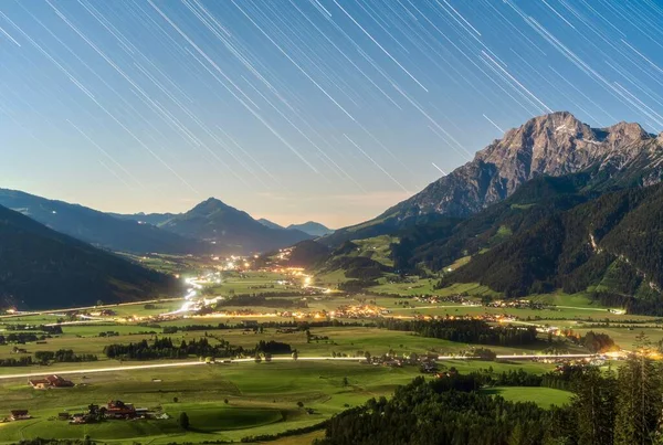 Town Leogang Evening Mountains Long Exposure Lights Sky — Stock Photo, Image