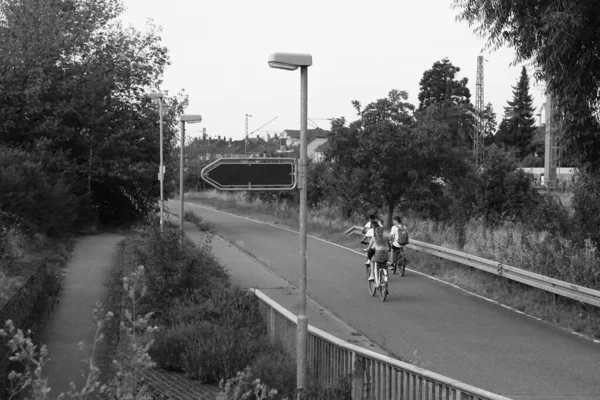Высокоугловая Серая Шкала Людей Катающихся Велосипеде Дороге — стоковое фото