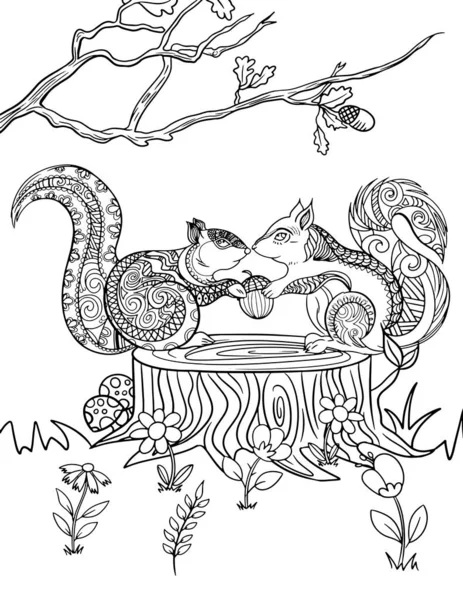 两只松鼠面对面地躺在树桩顶上 手里拿着一个橡子 很适合印刷和着色 — 图库照片