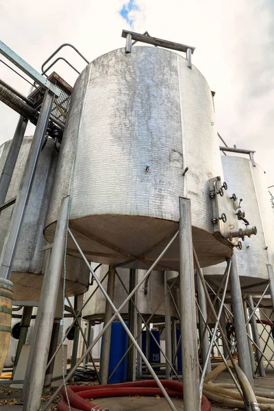 Low Angle Shot Aluminum Barrels Making Wine Factory — Stock Photo, Image