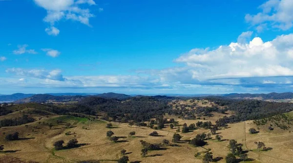 Letecký Pohled Krajinu Obklopenou Rostoucími Stromy Pod Modrou Oblohou Australském — Stock fotografie