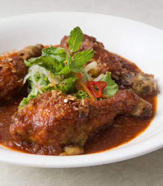 Saucy Chicken Dish Fresh Herbs White Bowl — Stock Photo, Image