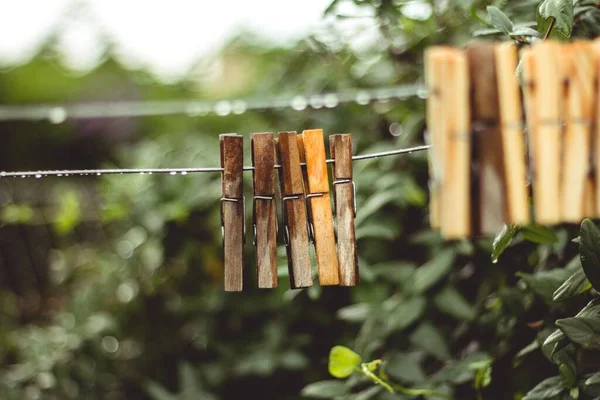 Une Mise Point Sélective Des Pinces Linge Sur Fil Métallique — Photo