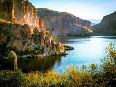 Güneşli bir yabanda, kayalık kayalıklar ve kaktüslerle çevrili sakin bir gölet manzarası.