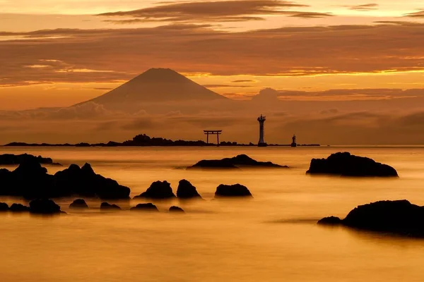 Uma Bela Vista Pôr Sol Monte Fuji Shin Nase Beach — Fotografia de Stock