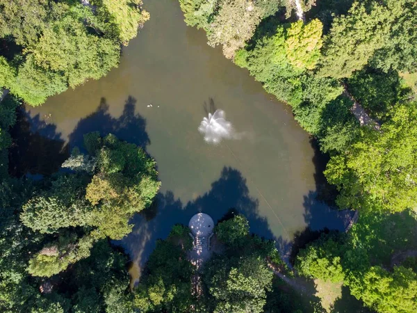 川の噴水のフラワーウォータースプラッシュの空中ショット — ストック写真