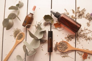 Ortasında boş şişeler olan çeşitli baharatlar ve doğal yapraklarla güzel bir daire, parfüm konsepti.