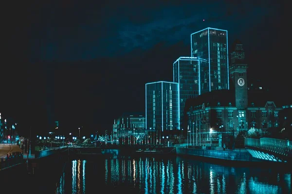 Blauwe Lichten Festival Malmö Het Gebouw Rond Malmö Centraal Station — Stockfoto