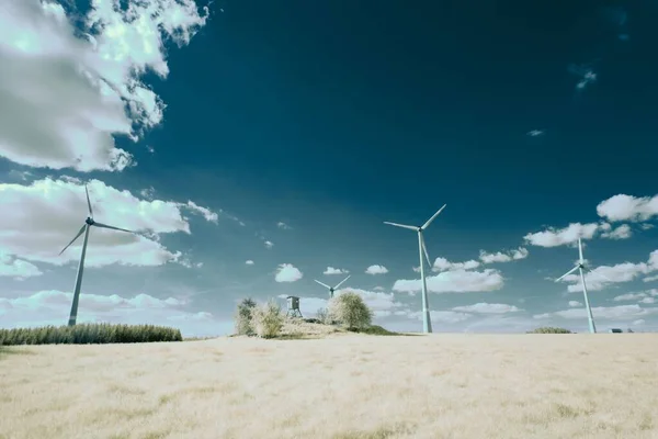 Eine Infrarotaufnahme Eines Feldes Mit Windrädern Und Bäumen Unter Dem — Stockfoto