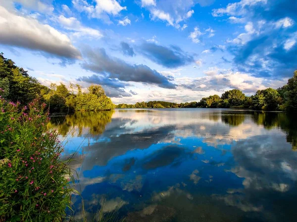 Una Splendida Vista Lago Calmo Con Riflesso Alberi Acqua — Foto Stock