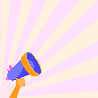 Çizgi film karakterinin elinde bir megafon, doğrusal bir arkaplan.