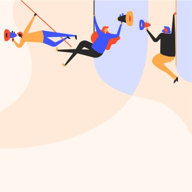 Tavanda asılı duran insanlar megafonla anons yapıyorlar.